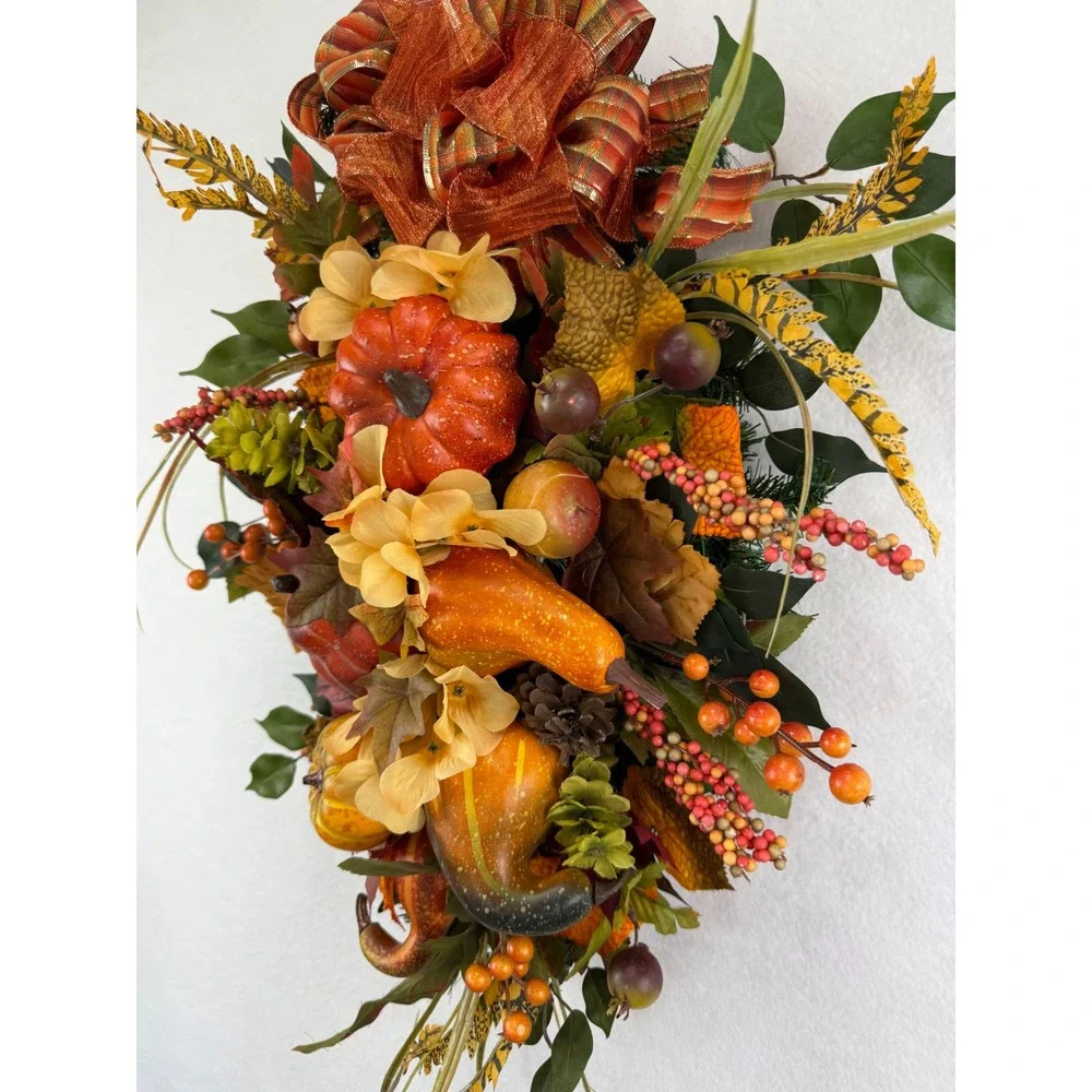 Fall Harvest Pumpkin Gourd Floral Swag Wreath Orange Plaid Bow Autumn Decor
